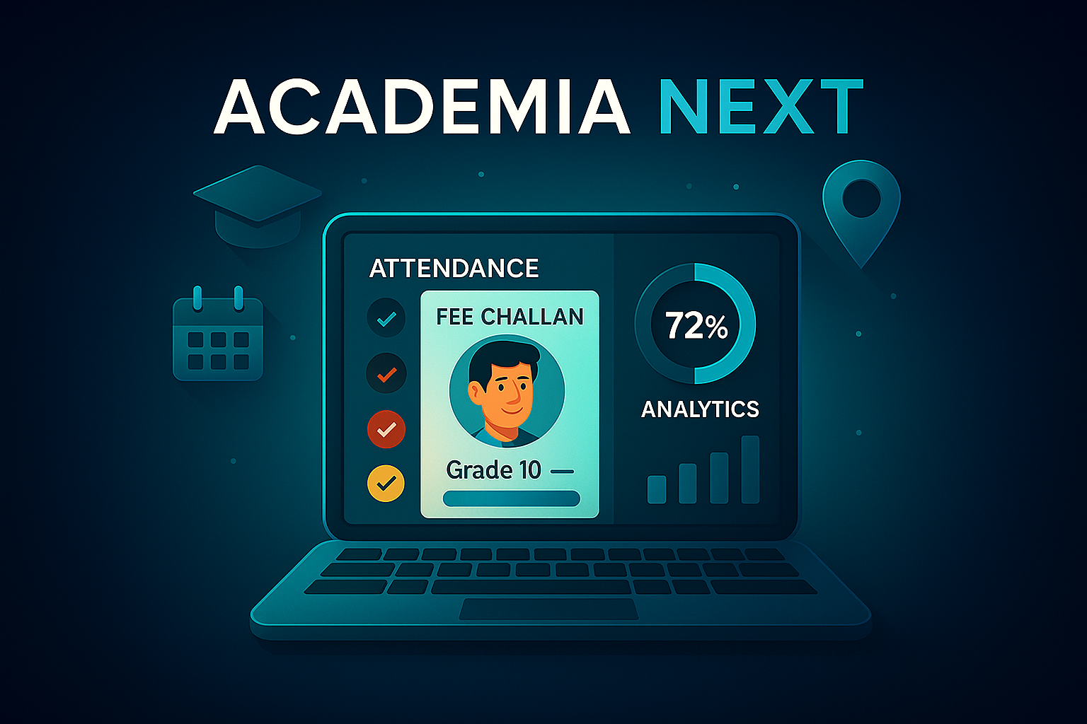 Screenshot of the Academia Next school management system dashboard.